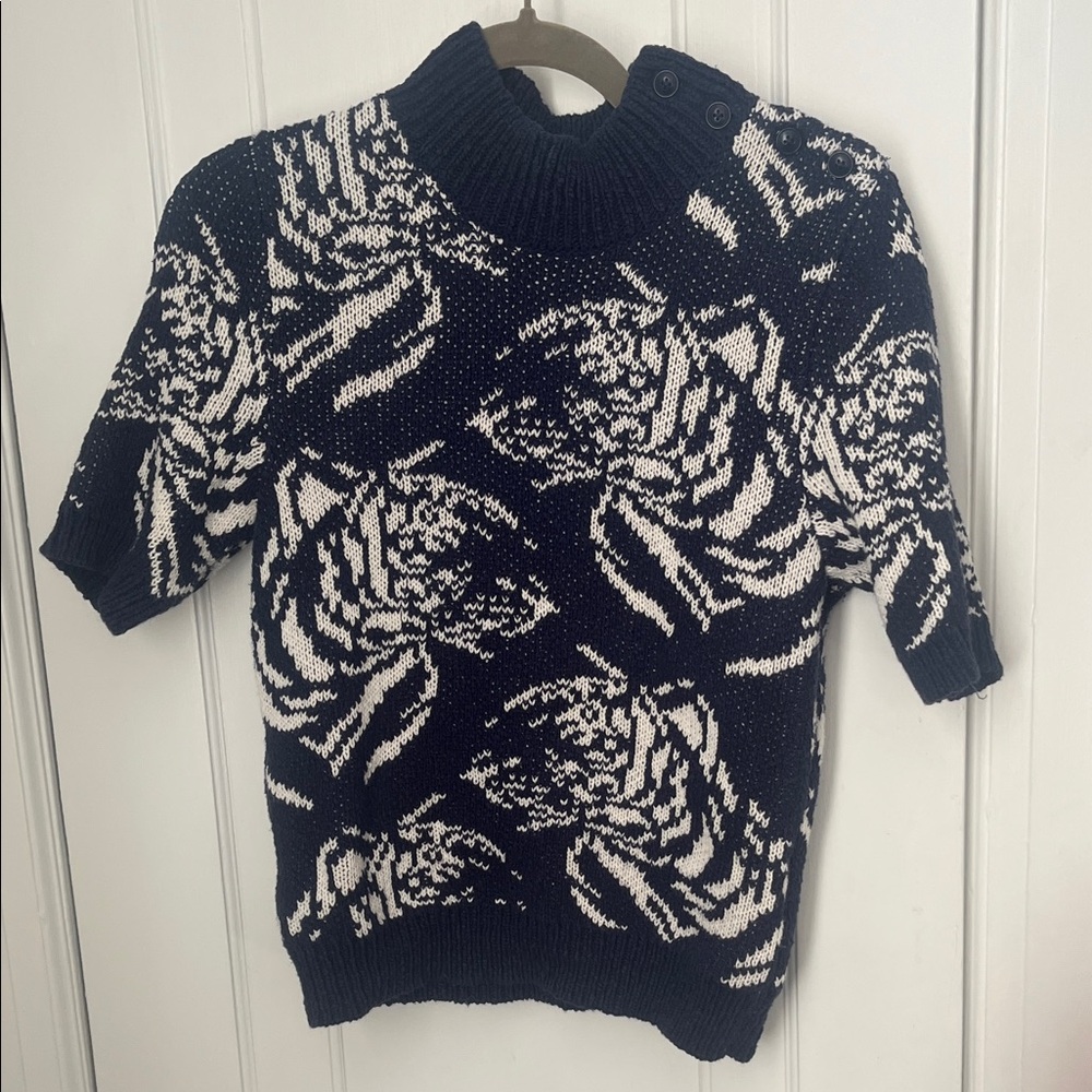 Maeve by Anthropologie Navy and White Floral Mock Neck, Short Sleeve Sweater